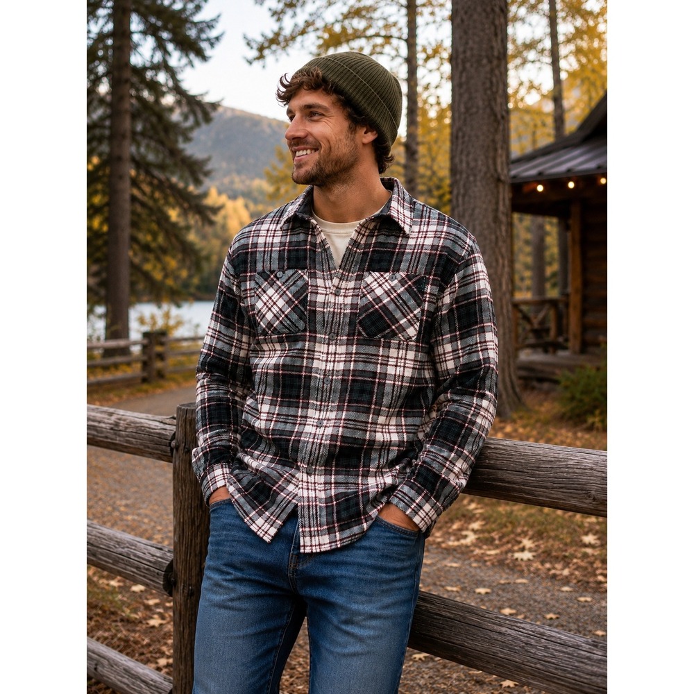 Free Assembly Men's Small Plaid Flannel Button Front Shirt Gray Red Green Cotton